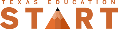 Texas Education START Logo. This logo has the words "Texas Education" across the top and the word "START" in larger text on the second line. The "A" in "START" is stylized to look like the tip of a pencil.