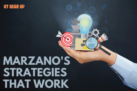 This image features text reading "Marzano's Strategies That Work" below a photograph of a person's hand holding a collection of objects (a lightbulb, a small globe, etc.).