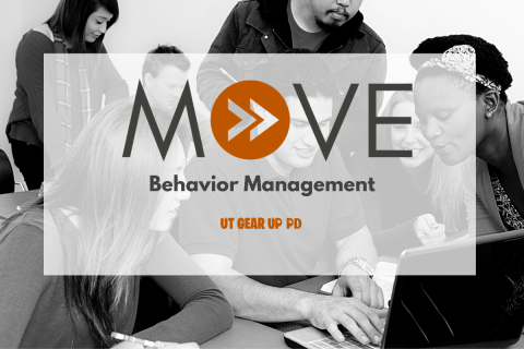 This image features a photograph of sevral students gathered around their instructor as he looks at a laptop screen. Superimposed over the photo are the words "MOVE Instructional Strategies"